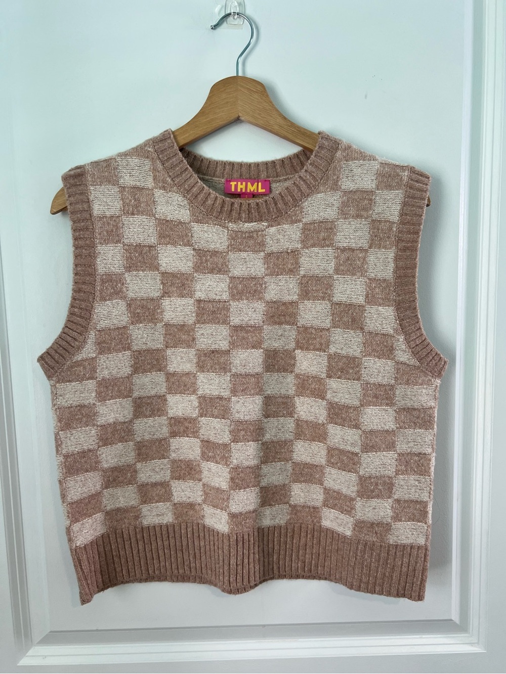 THML Taupe and Cream Checker Knit Vest Size Small